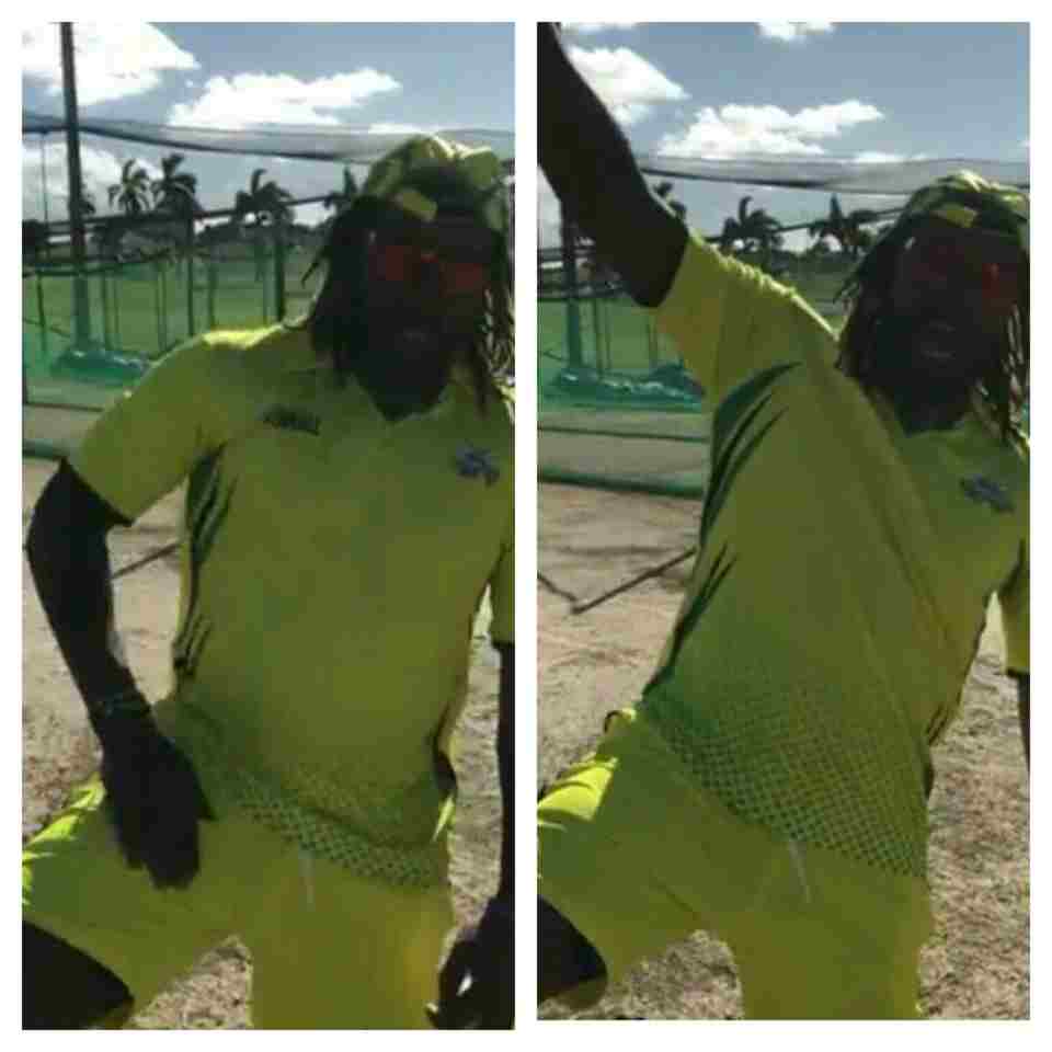 Now Chris Gayle celebrate in Punjabi style as he caught and bowled Russell. He tapped his thighs and showed off his moustache