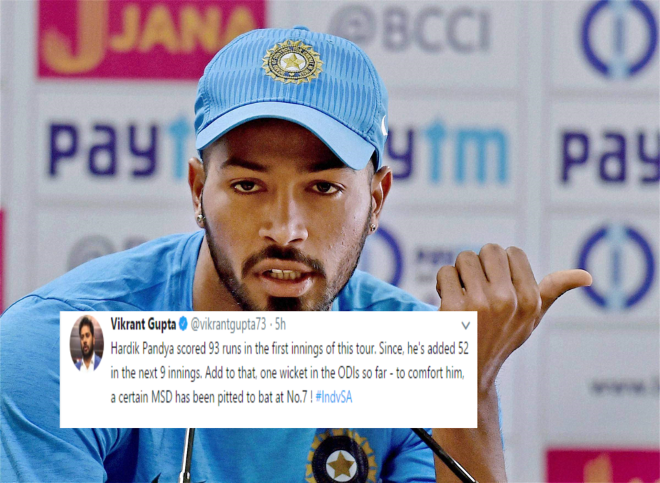 Twitter trolls Hardik Pandya over his flop show in 5th ODI at Port Elizabeth.